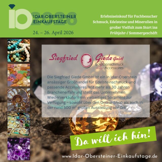 Die Welt der Edelsteine, Mineralien und des Schmucks ist unendlich vielseitig. Diese Faszination zeigen Ihnen die Teilnehmer gerne im Rahmen der Idar-Obersteiner Einkaufstage in ihren jeweiligen Geschäftsräumen.Bekannte Firmen aus der Branche öffnen gemeinsam ihre Tore und werden Ihren Einkauf zu einem Erlebnis der besonderen Art machen. Egal, ob Trendsetter, Klassiker oder Kreativer – jeder Kunde wird bei der unglaublichen Vielfalt des gesamten Angebotes auf seine Kosten kommen und die Reise in die Schmuck- und Edelsteinmetropole Idar-Oberstein als Highlight im Hinblick auf das bevorstehende Geschäft betrachten. Nehmen Sie uns beim Wort.Wir freuen uns auf Ihren Besuch und wünschen Ihnen eine gute Anreise und einen angenehmen Aufenthalt.Dieses Angebot richtet sich lediglich an Goldschmiede, gewerbliche Wiederverkäufer von Schmuck, Mineralien oder ähnlichem. Personen ohne Gewerbenachweis erhalten keinen Zutritt.